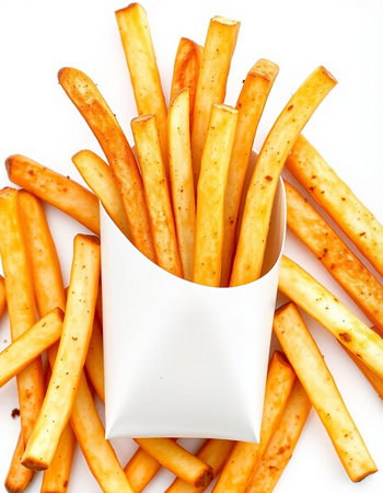French fries in white paper box on white background. Top view.
