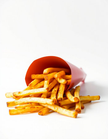 French fries in a paper cup on a white background. Selective focus.の写真素材