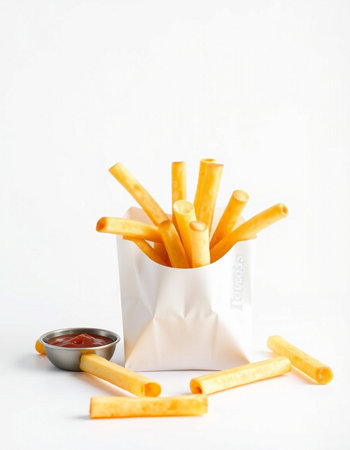 French fries with ketchup on white background. Selective focus.の写真素材