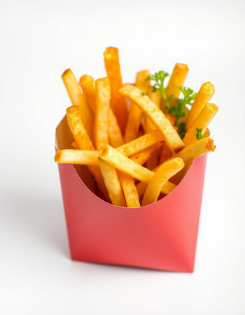 French fries in a red box on a white background. Selective focus.