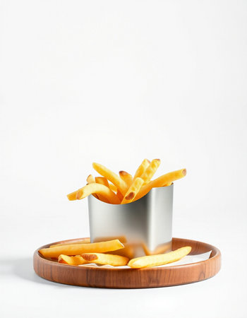 French fries on a wooden tray on a white background. Fast food.の写真素材