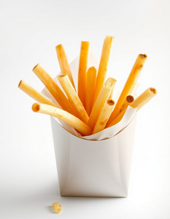 French fries in paper box on white background. Selective focus.