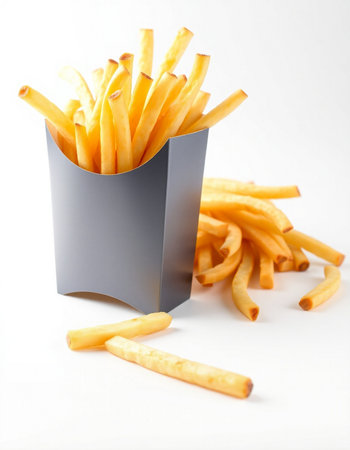 French fries in a paper box on a white background. Selective focus.