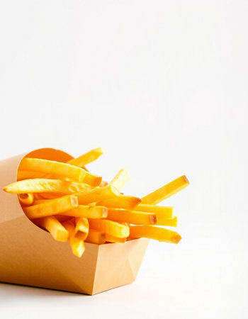 French fries in a paper box on a white background. Selective focus.