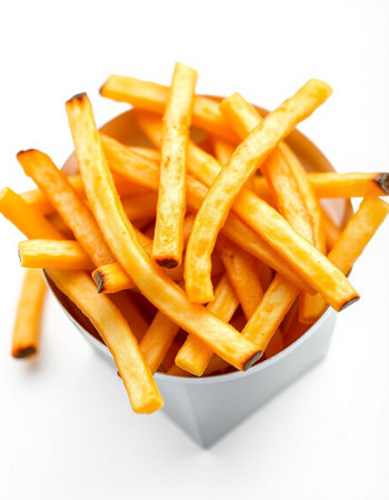 French fries in a bowl on white background. Selective focus.
