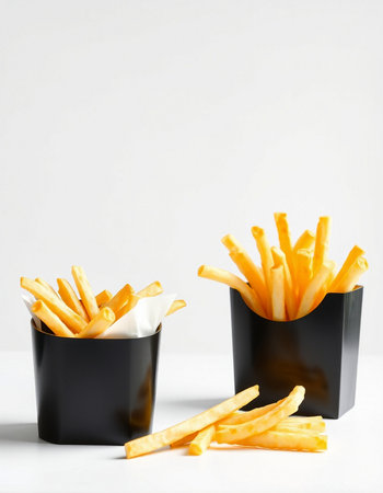 French fries in black paper cups on white background. Copy space.