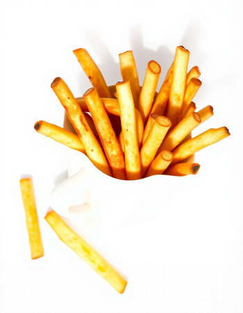 French fries isolated on a white background. Selective focus. Toned.