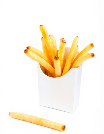 French fries in a white box on a white background. Isolated