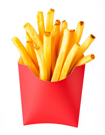 French fries in a red box isolated on white background. Fast food.