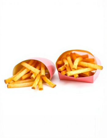 French fries in a paper box on a white background. Isolatedの写真素材