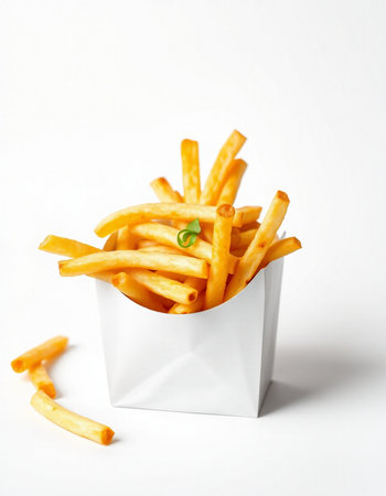 French fries in paper box on white background. Fast food concept.