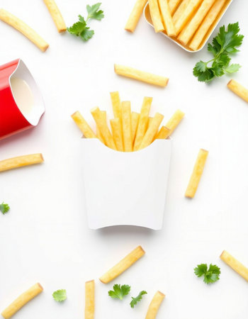 French fries in paper box with parsley on white background, top viewの写真素材