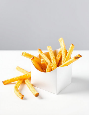 French fries in a white box on a white background. Selective focus.