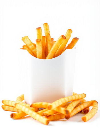 French fries in a white box on a white background, close-up