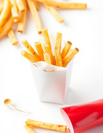 French fries in a paper cup on a white background. Shallow dof.の写真素材