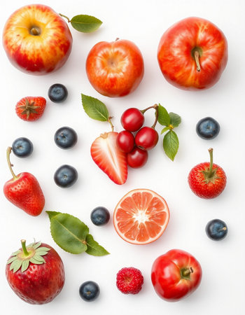 Mix of fresh fruits and berries isolated on white background, top viewの写真素材