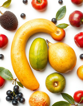 Fruits and vegetables on white background. Flat lay, top viewの写真素材