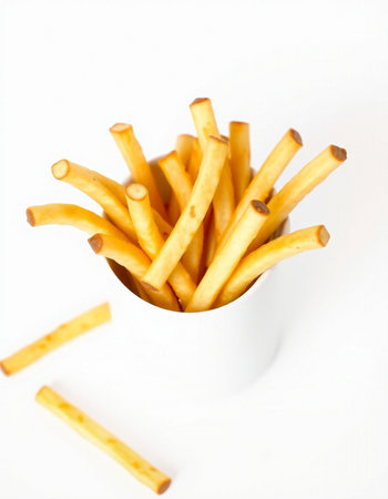 Crispy bread sticks in a white cup on a white background