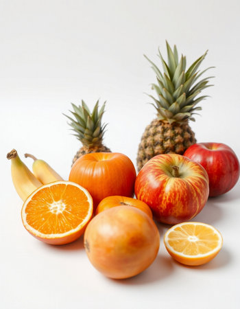 Fruits on a white background. Pineapple, apples, orangesの写真素材