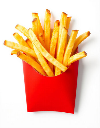 French fries in red box isolated on white background, top view.の写真素材