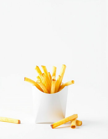 French fries in a white paper cup on a white background. Selective focus.