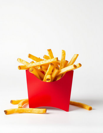 French fries in a red box on a white background. Fast food.の写真素材