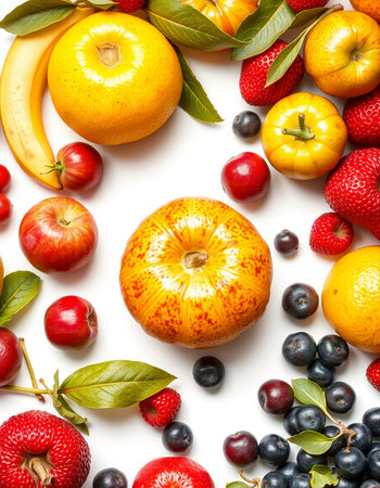 Fruits and berries on white background. Top view. Flat layの写真素材