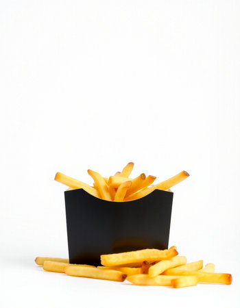 French fries in a black box on a white background, fast food