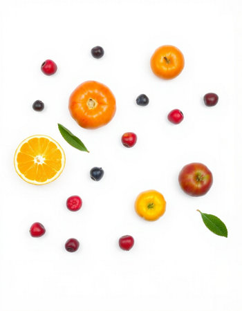 Fruits on a white background. Top view. Flat lay.の写真素材