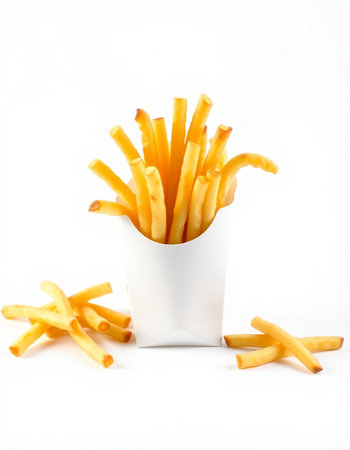 French fries in a white paper cup on a white background, isolated