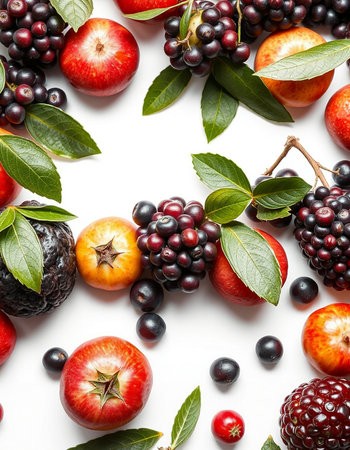 Fruits and berries on white background. Top view. Flat lay