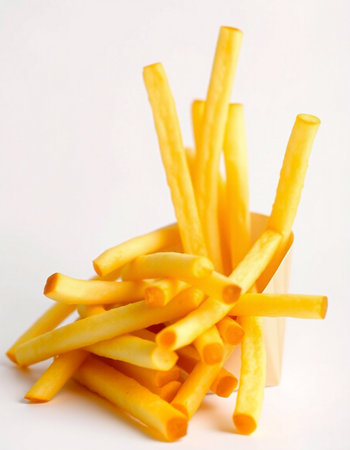 French fries on white background. Selective focus. Shallow depth of field.の写真素材
