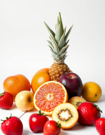 Fruits on a white background. Pineapple, kiwi, orange, strawberry.の写真素材