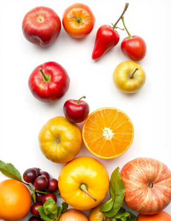 Fruits and vegetables isolated on white background. Flat lay, top view
