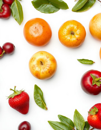 Flat lay composition with fresh fruits on white background, top view