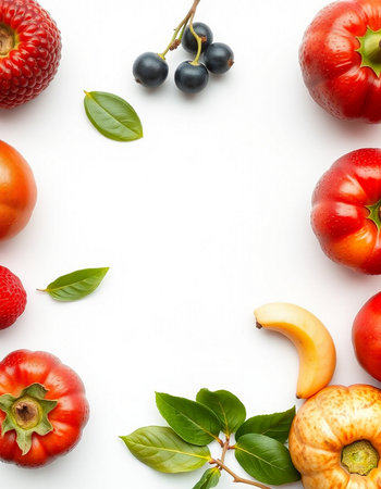 Fresh fruits and vegetables on white background. Flat lay, top viewの写真素材