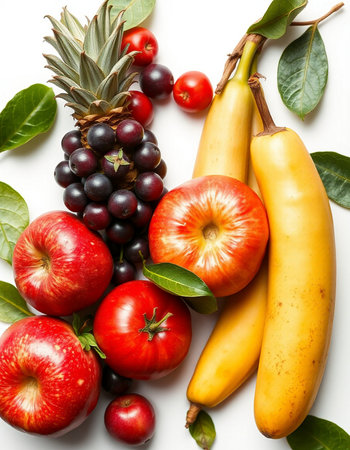 Fruits and vegetables isolated on white background. Flat lay, top viewの写真素材