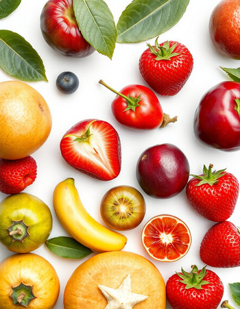 Fruits and berries isolated on white background. Top view. Flat lay patternの写真素材