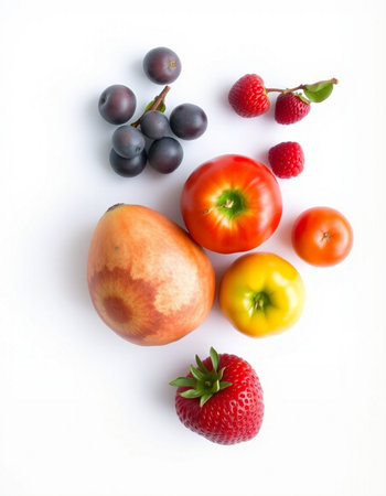 Fresh fruits and vegetables isolated on white background. Healthy food concept.