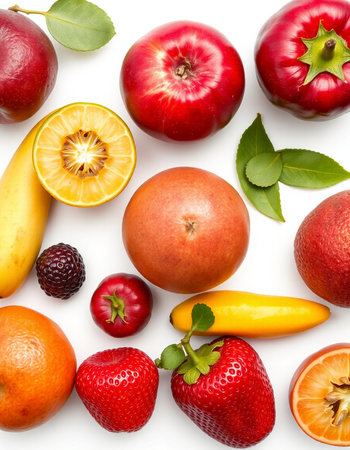 Composition of fresh fruits and vegetables on white background, top view