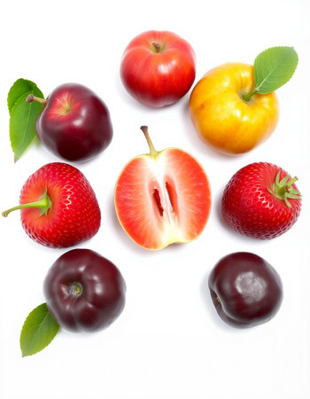Fresh fruits isolated on white background. Strawberry, apple, plumcotの写真素材