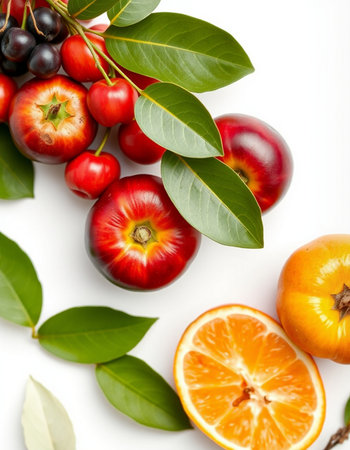 Fruits and leaves on white background. Top view. Flat lay.の写真素材