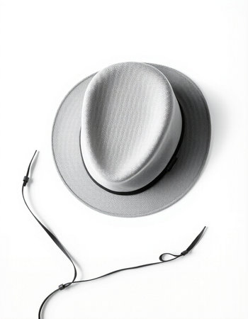 Stylish hat and earphones isolated on white background, top viewの写真素材