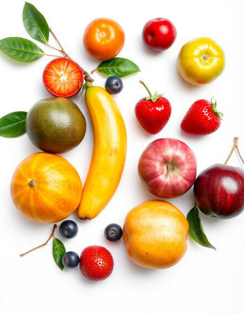 Fruits and vegetables isolated on white background. Top view. Flat lay.の写真素材