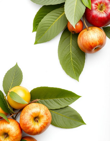 Red and yellow apples with green leaves isolated on a white background.の写真素材