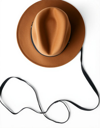 Brown hat with black ribbon isolated on white background. Top view.の写真素材
