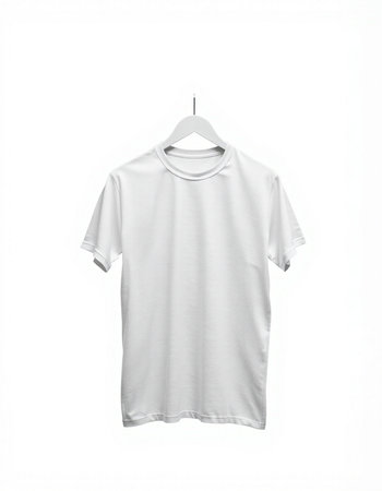 White t-shirt on a hanger on a white background.