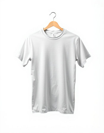 White t-shirt on a hanger on a white background.
