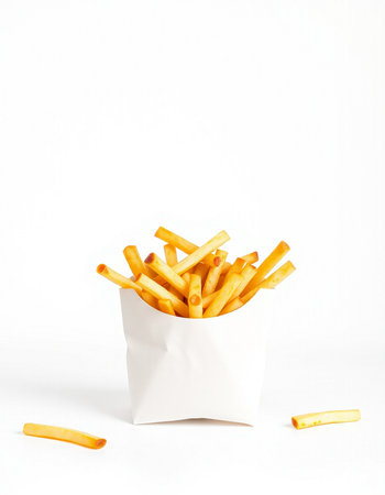 French fries in a white box on a white background. Fast food.の写真素材