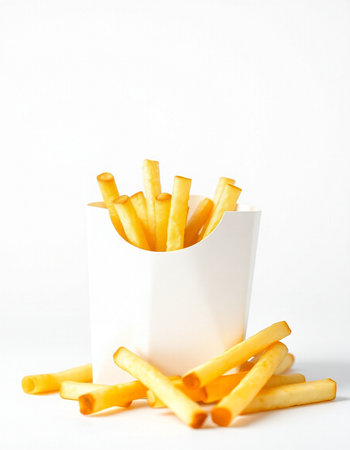 French fries in a paper box on a white background, fast food